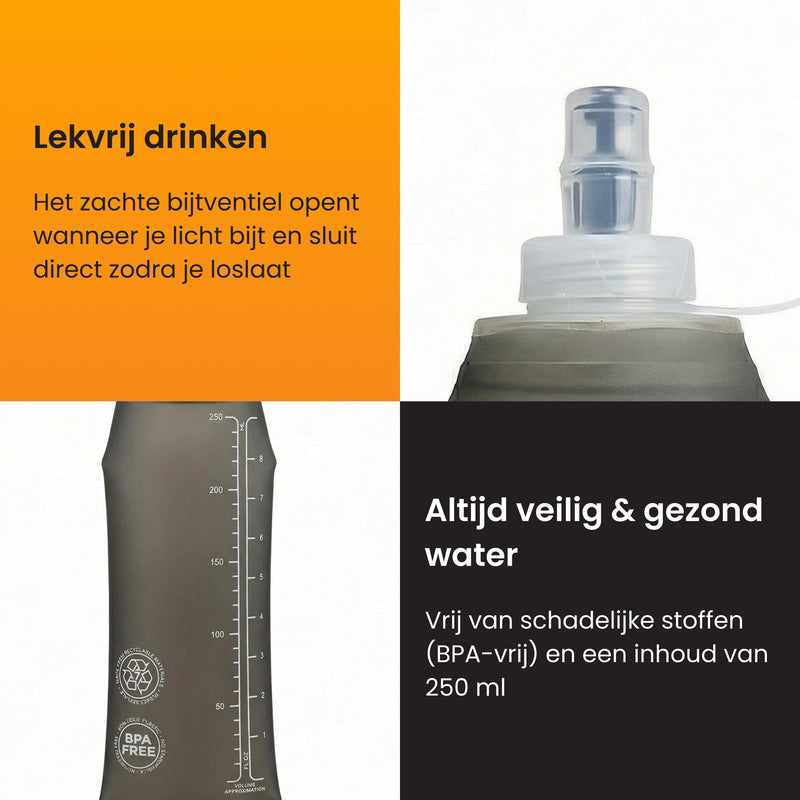 hardloop rugzak met waterfles om lekvrij te drinken