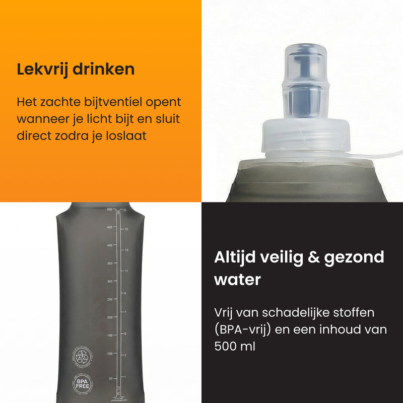 hardloop rugzak met waterfles om lekvrij te drinken