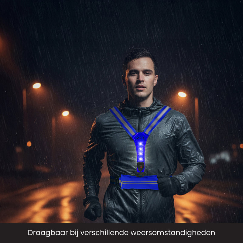 hardloopvest met verlichting die gedragen wordt in elk soort weer