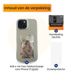 hoesje met foto iphone 13 grijs en de inhoud van de verpakking