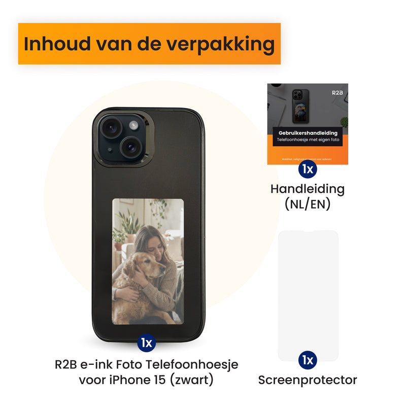 hoesje met foto iphone 15 zwart en de inhoud van de verpakking