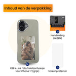 hoesje met foto iphone 17 grijs en de inhoud van de verpakking