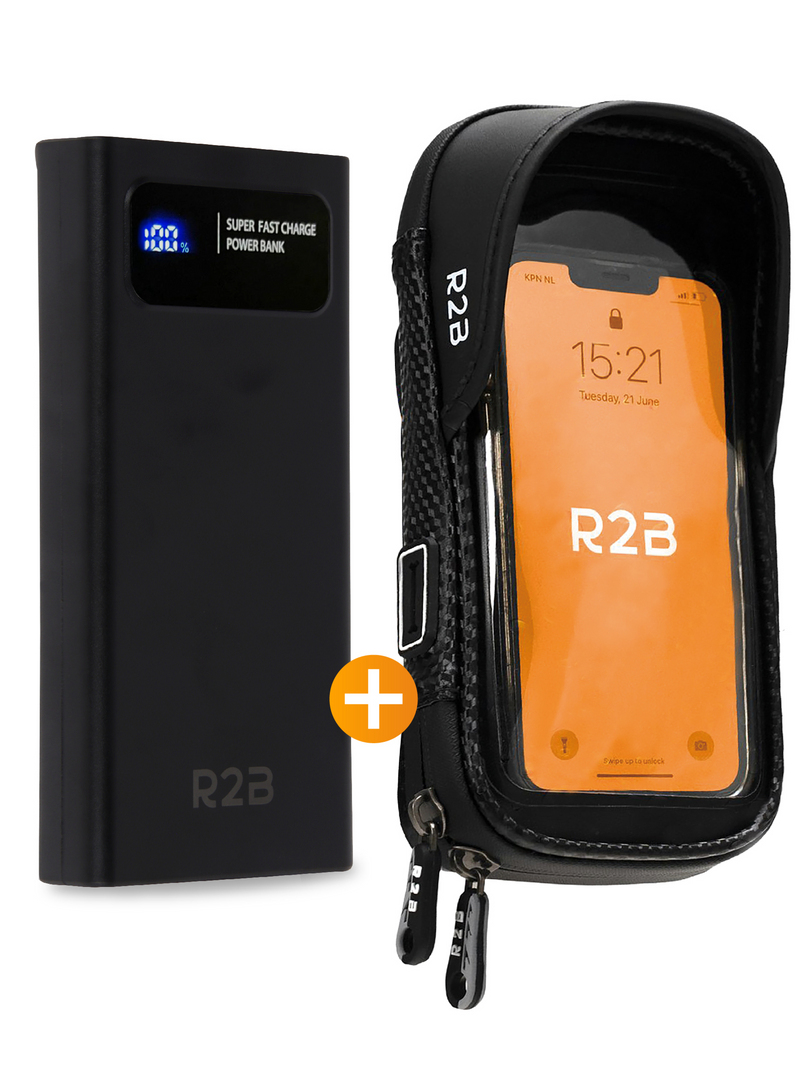 R2B Phone Holder for Bicycle, Motorcycle, Scooter + Power Bank 10,000 mAh - Waterproof &amp; Robust
