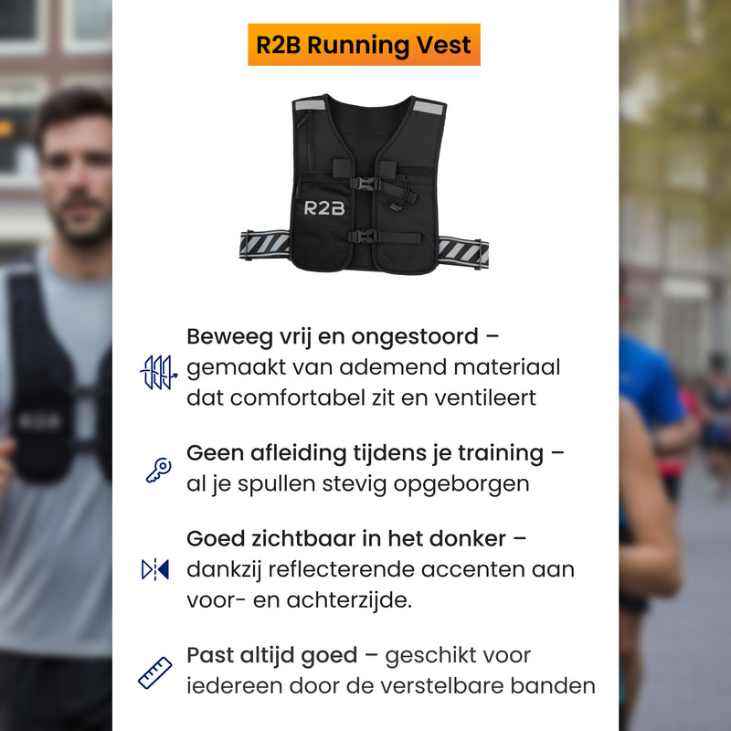 hydration vest running die goed past, reflectie heeft en vakjes voor spullen heeft