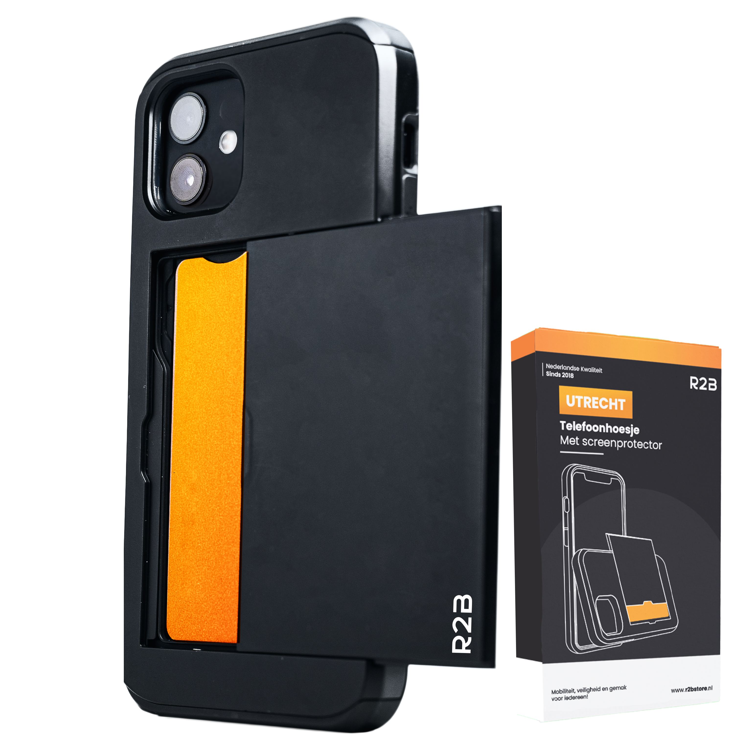 R2B iPhone 11 Hoesje met Pasjeshouder Screenprotector Pasjes Stevig  Beschermend Zwart