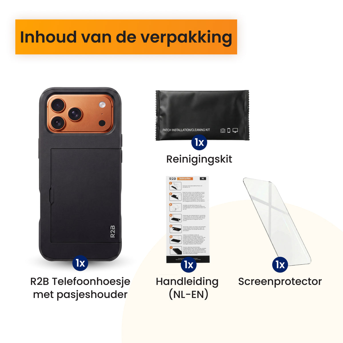 R2B iPhone 17 Pro Case with Card Holder - Screen Protector - 3 Cards - Sturdy &amp; Protective - Black