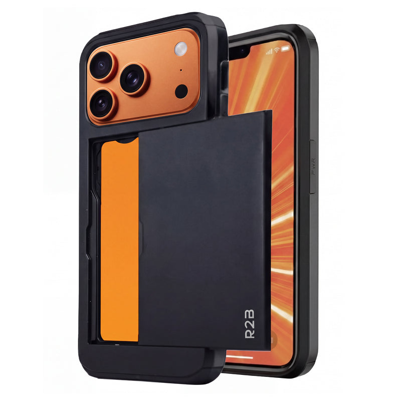 R2B iPhone 17 Pro Case with Card Holder - Screen Protector - 3 Cards - Sturdy &amp; Protective - Black