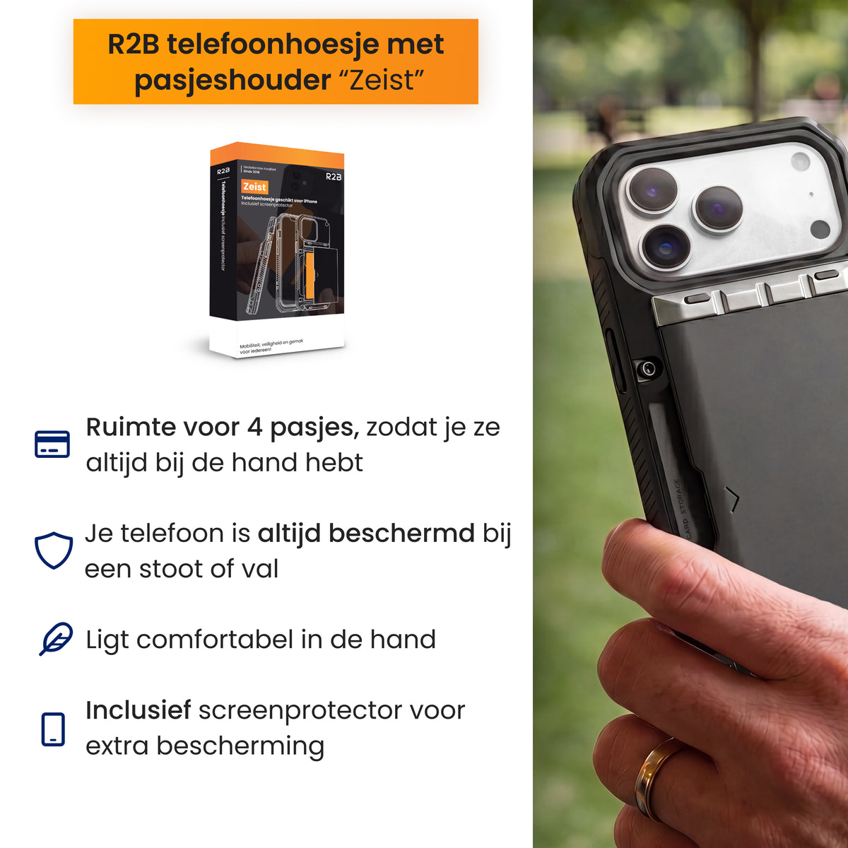 R2B iPhone 18 Pro Hoesje met Pasjeshouder - Incl. Screenprotector - 4 Pasjes