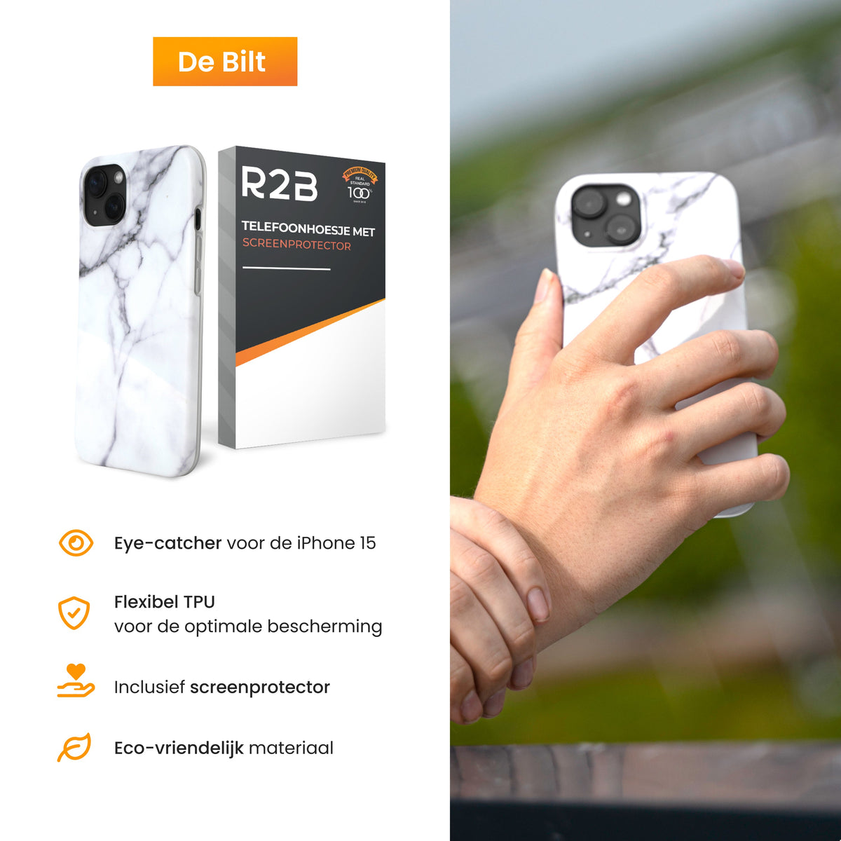 R2B iPhone 15 Marmerlook Hoesje - Incl. Screenprotector - Wit - Telefoonhoesje