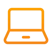 Oranje laptop met een zwart scherm en toetsenbord.