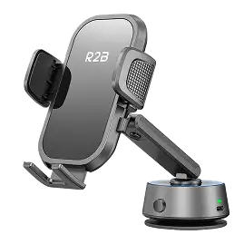 Zilveren autohouder voor telefoon in r23 met een strak, verstelbaar arm en zuignapvoet.