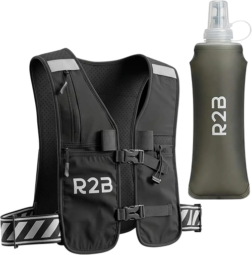 Zwarte r2b hardloopvest met reflecterende strepen en een bijpassende olijfgroene inklapbare waterfles.