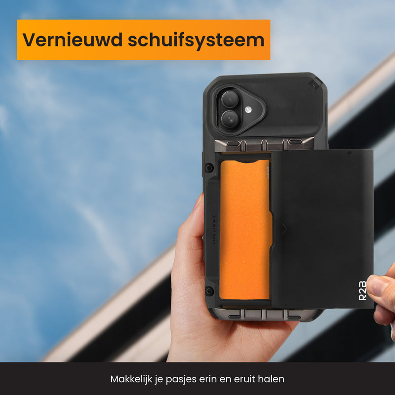 iPhone 17 telefoonhoesje met vernieuwd schuifsysteem voor pasjes