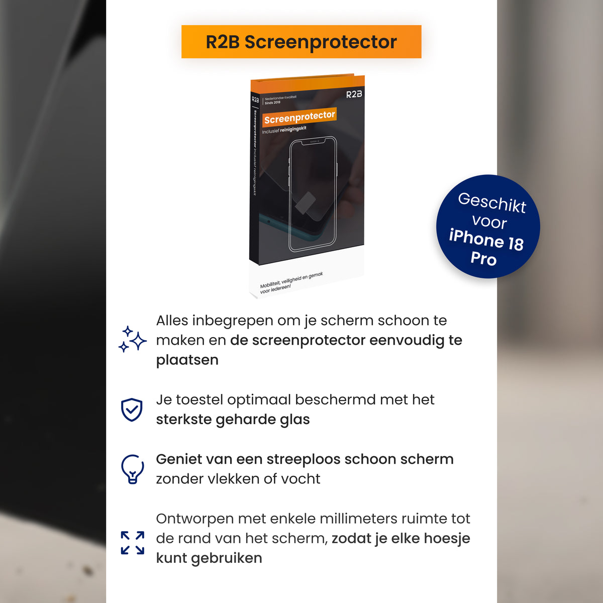R2B Screenprotector iPhone 18 Pro - Tempered Glass - Installatieframe