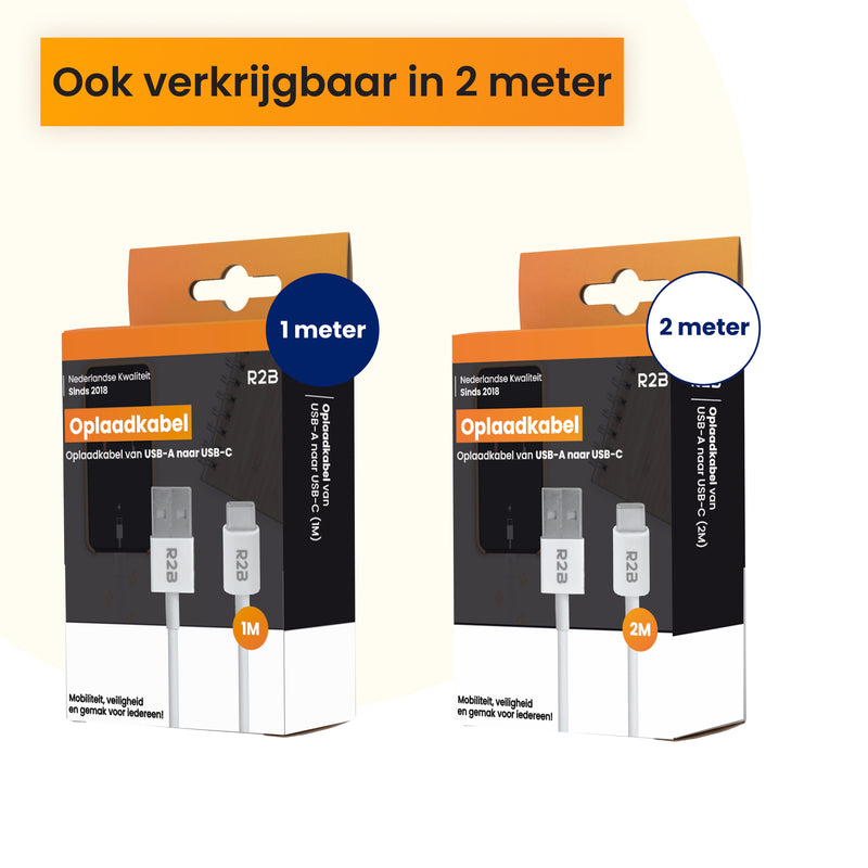 Kabel USB naar USB C 1 meter en 2 meter R2B oplaadkabel verpakking