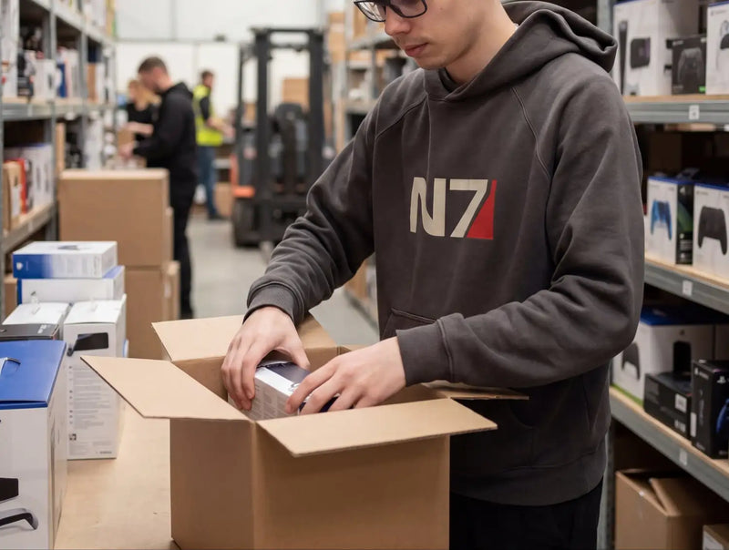 Donkergrijze hoodie met een 'n7''-logo in wit en rood op de borst.