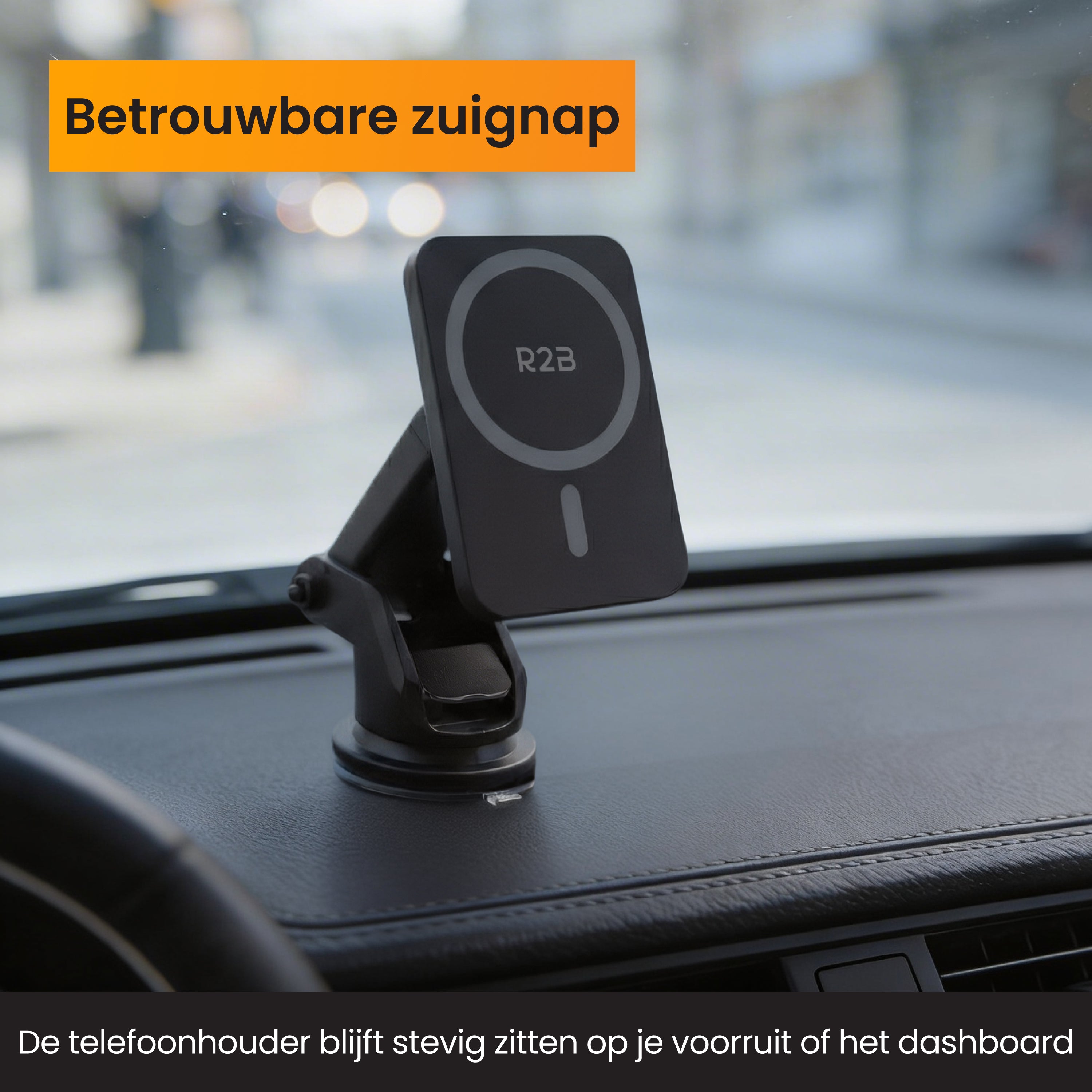 Magsafe autohouder stevig bevestigd op dashboard met betrouwbare zuignap