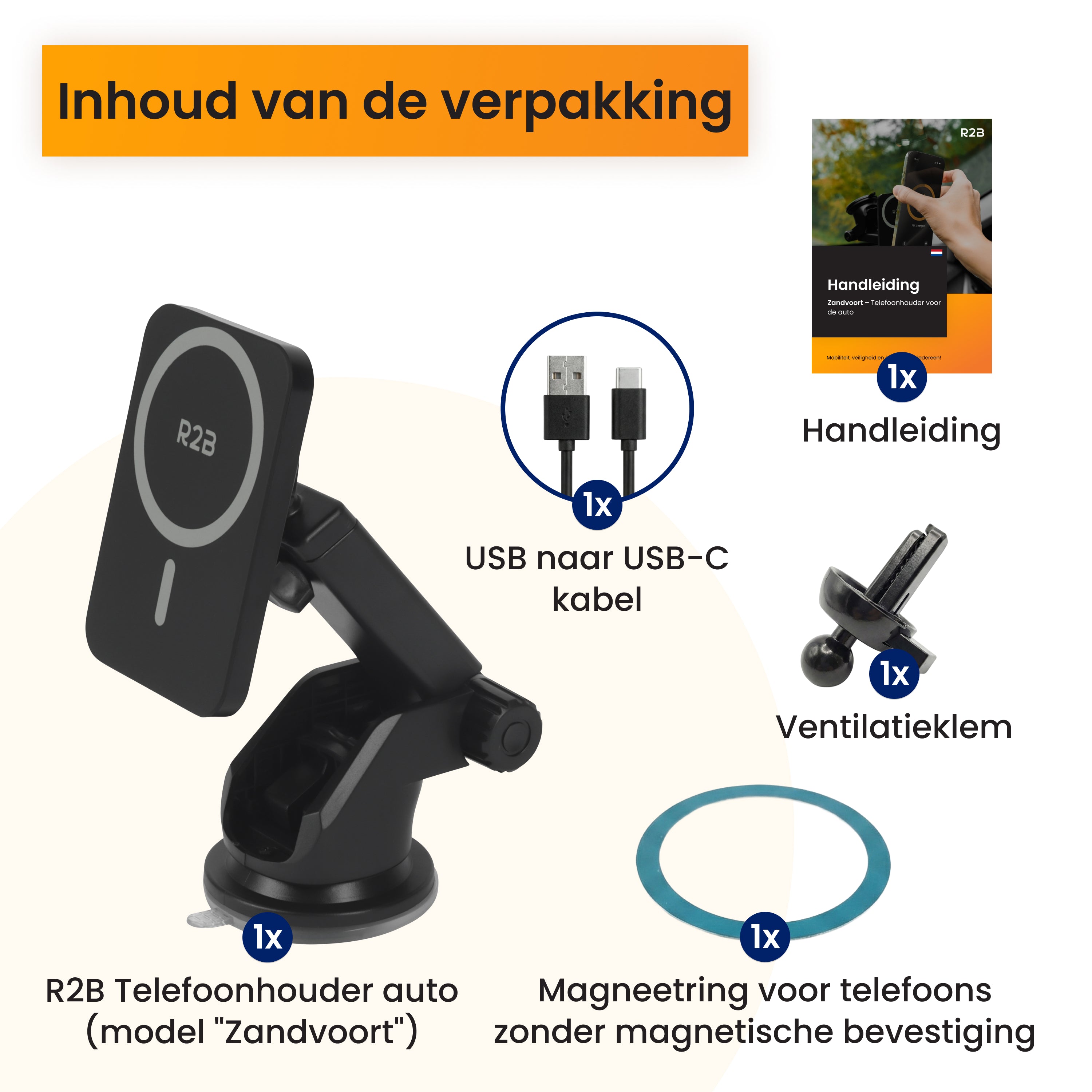 Inhoud verpakking magsafe autohouder met kabel en ventilatieklem