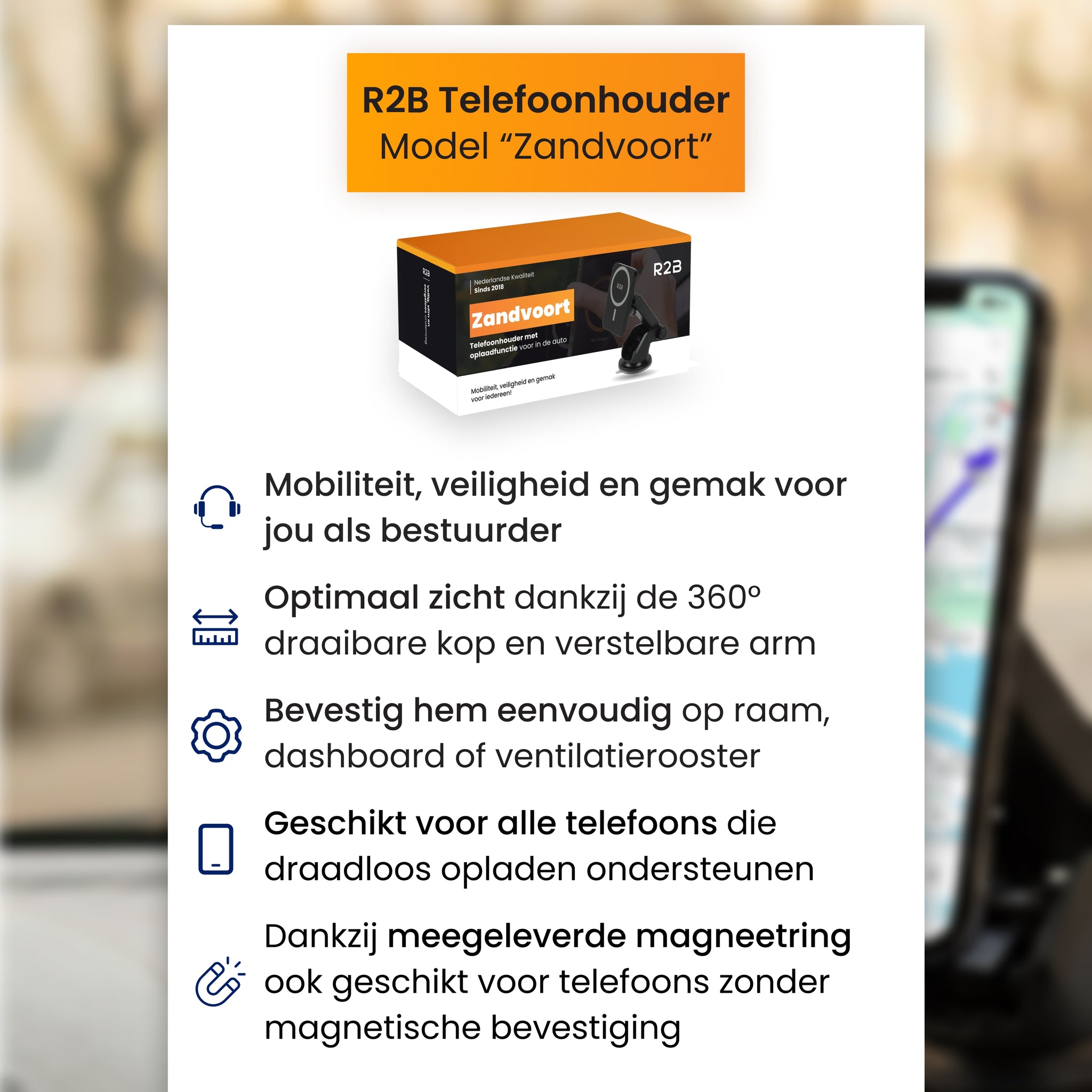 R2B magsafe autohouder model Zandvoort met verstelbare arm