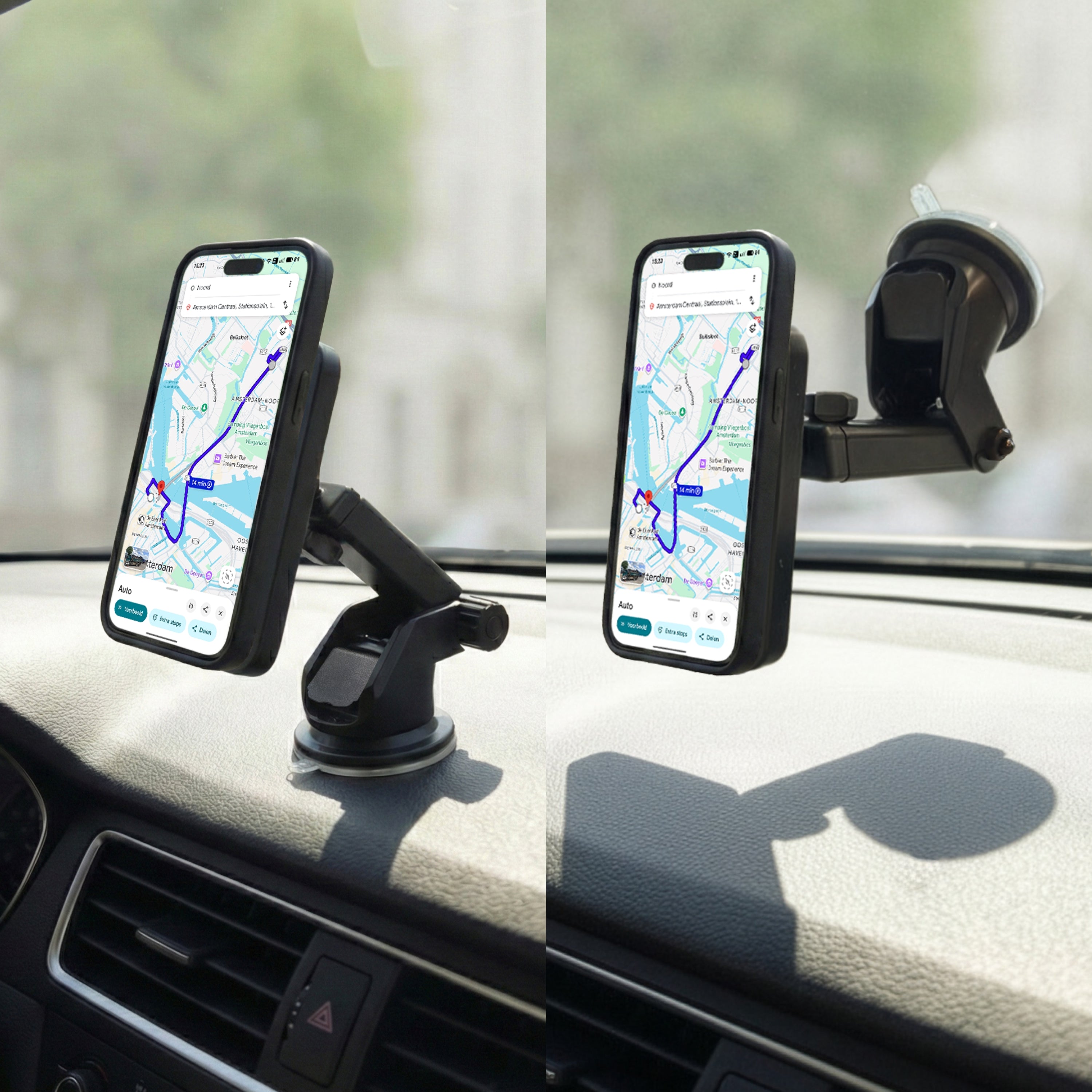 Magsafe autohouder bevestigd op dashboard en voorruit