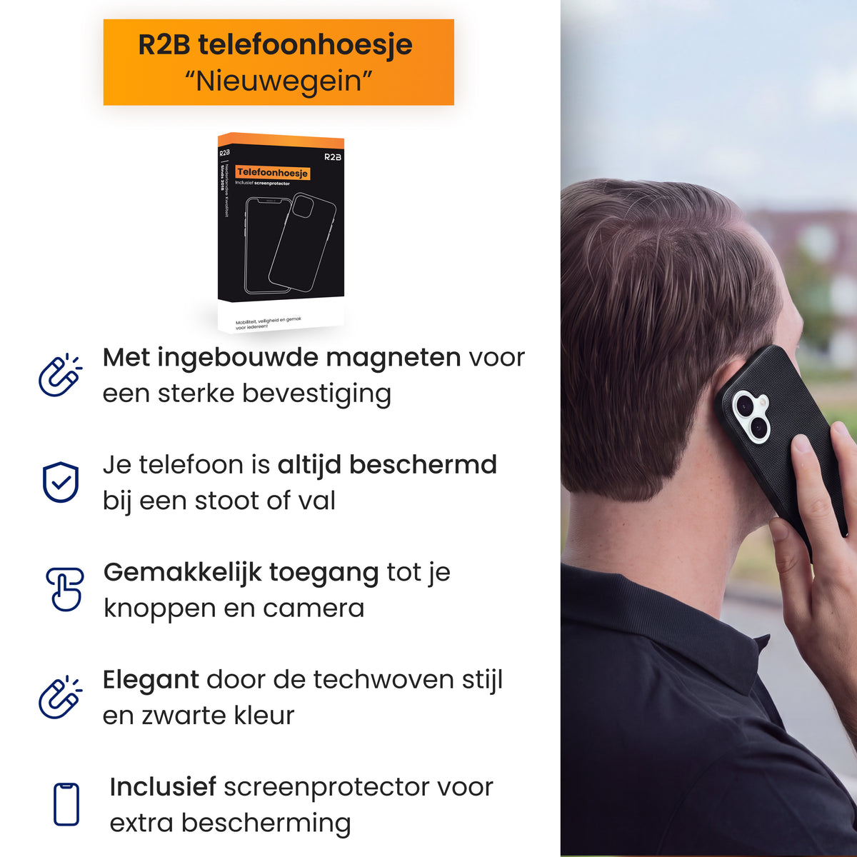 R2B iPhone 16 hoesje met MagSafe - Incl. Screenprotector - Zwart