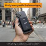 Power bank magsafe zwart magnetisch bevestigd op iPhone.