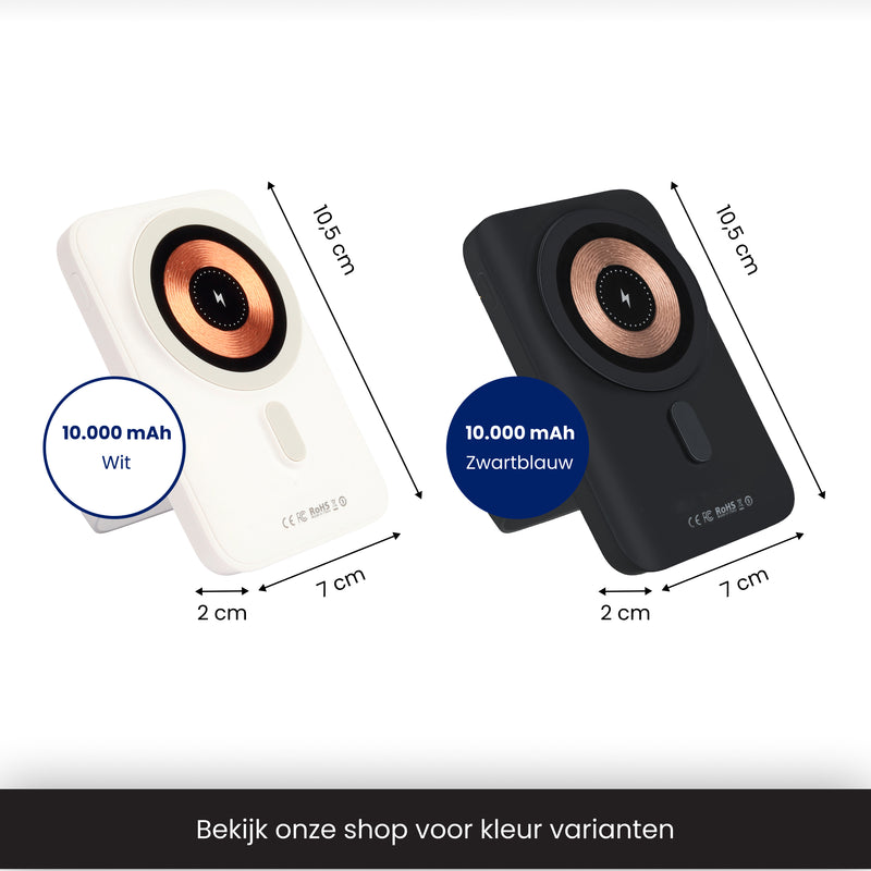 Magsafe powerbank zwart met afmetingen en kleurvarianten