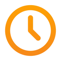 Oranje cirkelvormig klokpictogram met een zwarte binnenkant en eenvoudige uur- en minuutwijzers.