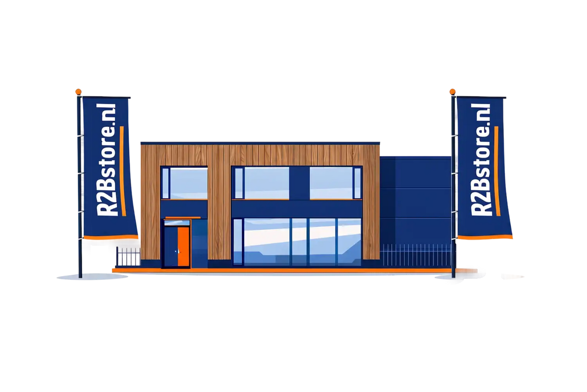 Modern tweelaags r2bstore.nl winkelpand met blauwe en houten panelen, grote glazen ramen en oranje accenten.