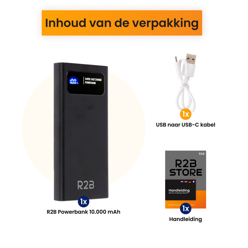 R2B Powerbank 10.000 mAh - 2 tot 4 Keer Opladen - Snelladen - Licht & Compact