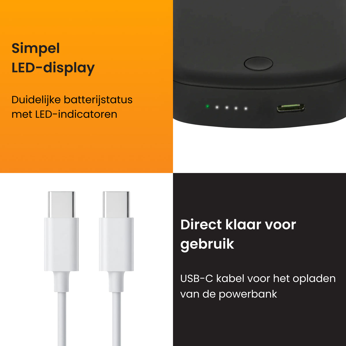 R2B Powerbank 10000 mAh suitable for iPhone 12/13/14/15/16 and Magsafe - USB-C output - 2 to 4 charges - Wireless charger - Black