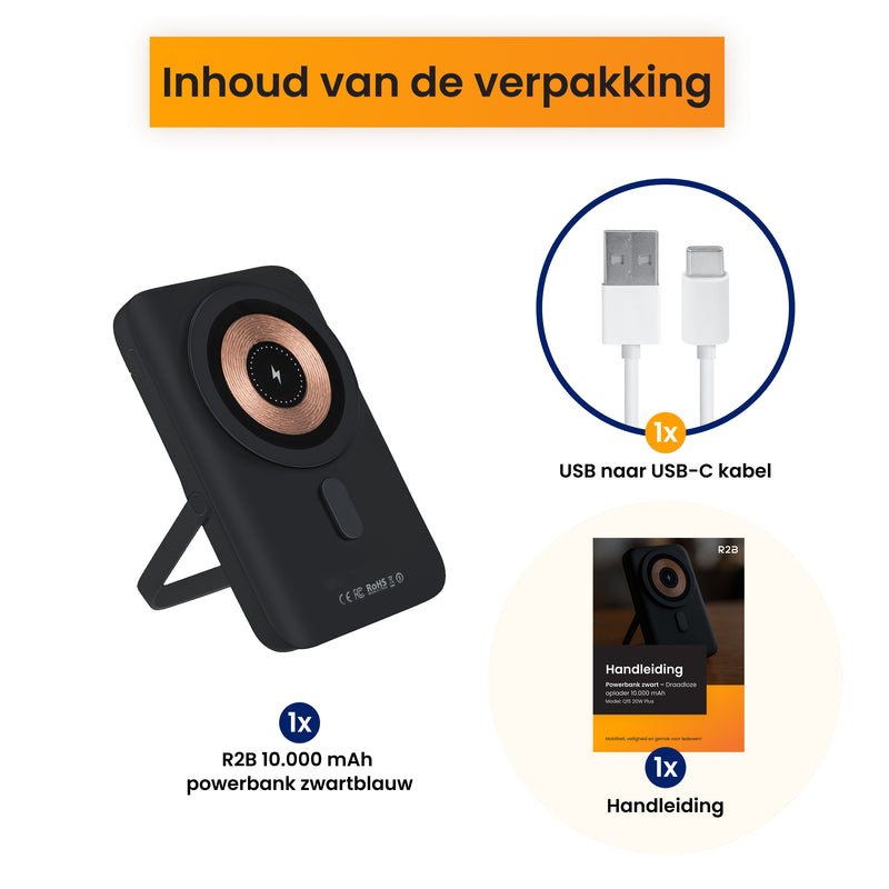 Powerbank draadloos wit met inhoud van de verpakking, inclusief USB-C kabel en handleiding.