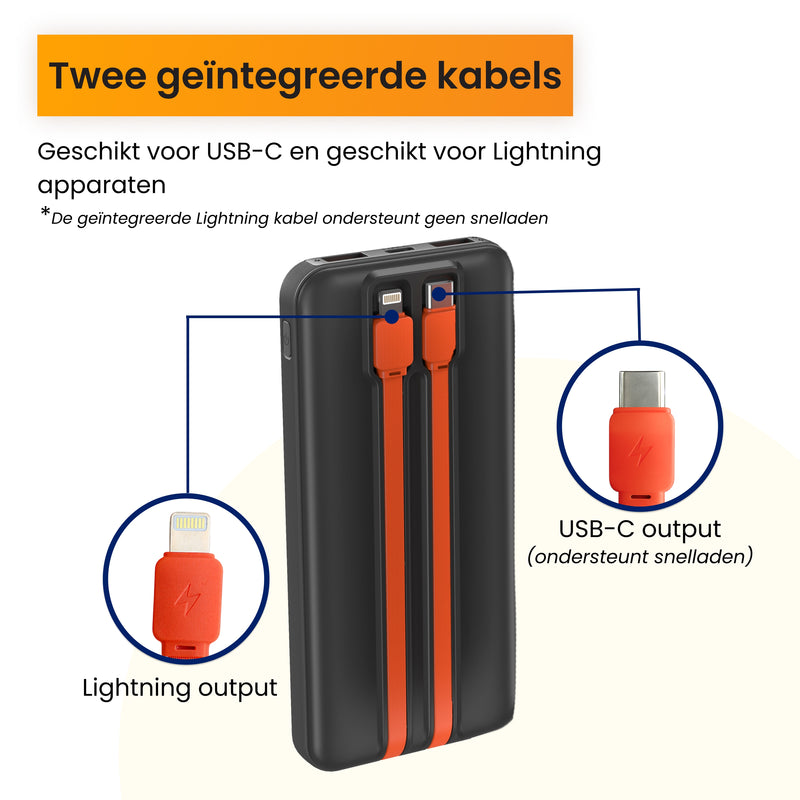 powerbank met twee geïntegreerde kabels