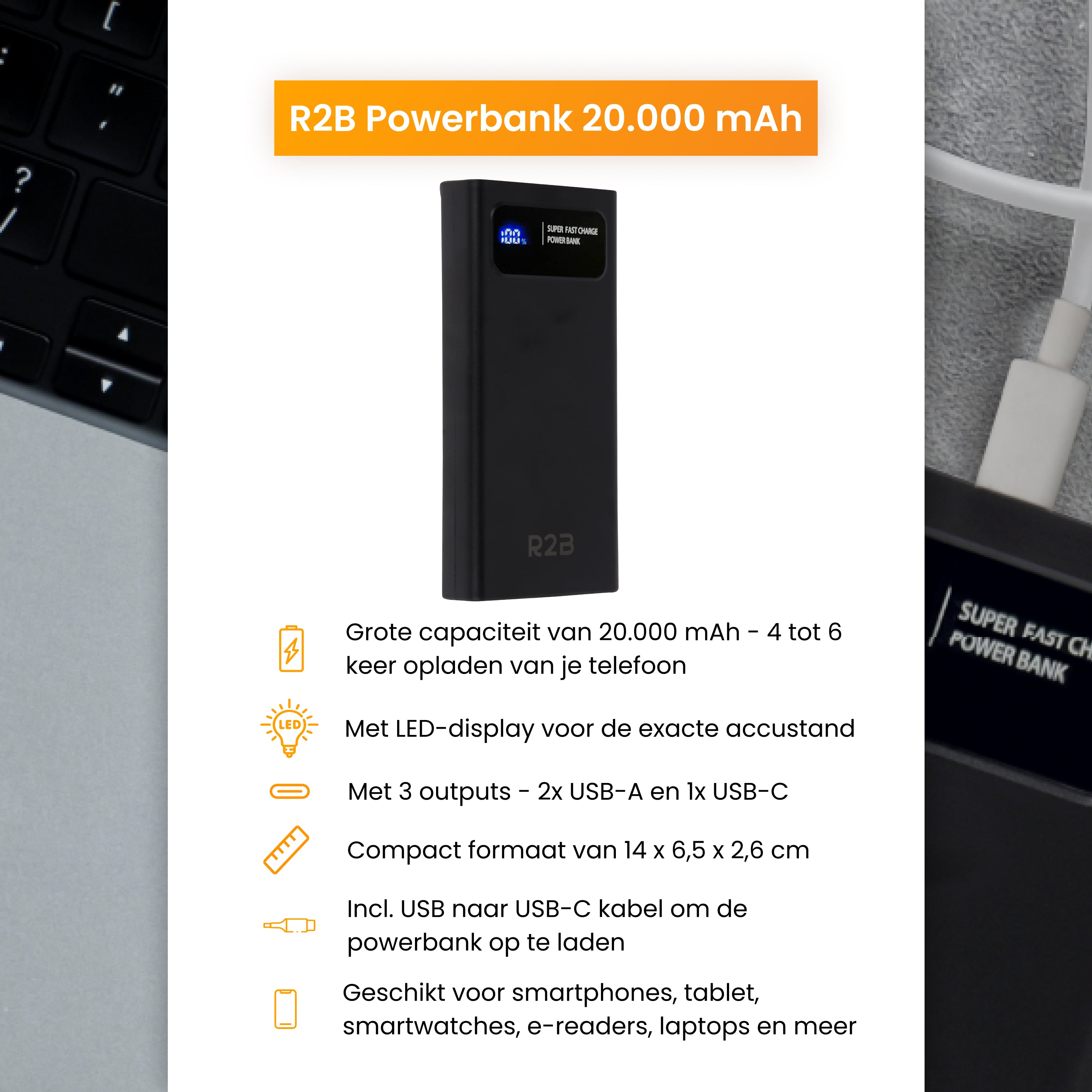 R2B Powerbank 20.000 mAh - 4 tot 6 keer opladen - Geschikt voor o.a. iPhone & Samsung