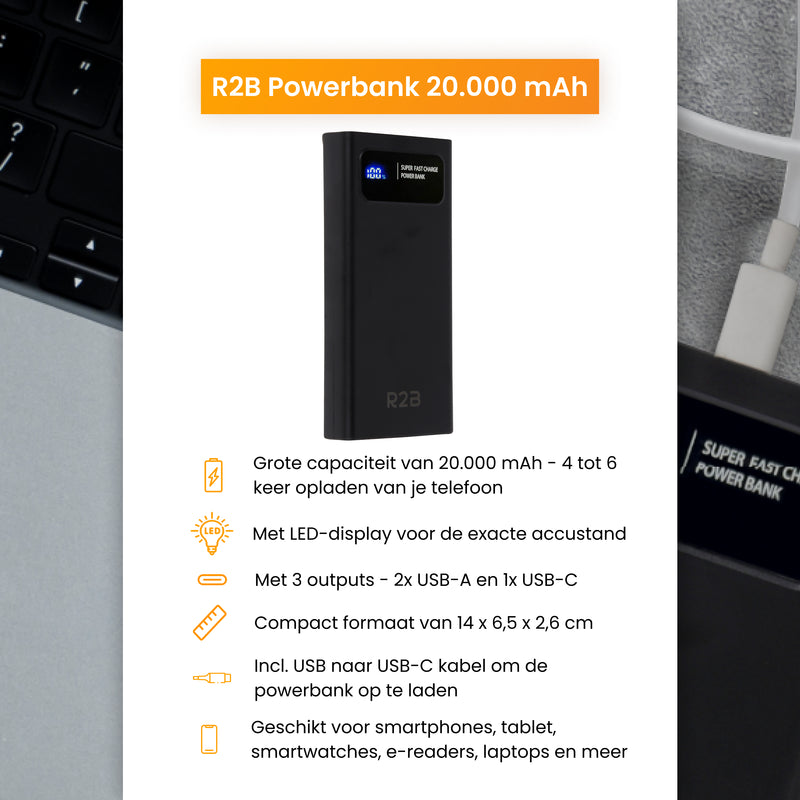 R2B Powerbank 20,000 mAh - 4 to 6 Charges - Fast Charging - Powerful &amp; Compact
