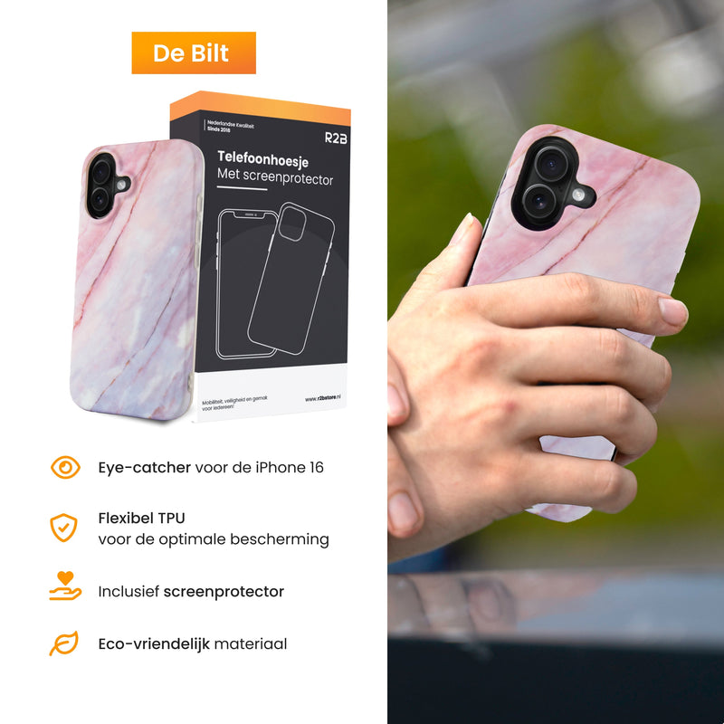 R2B Marmer hoesje voor iPhone 16 - Model De Bilt - Roze/Grijs/Blauw - Telefoonhoesje