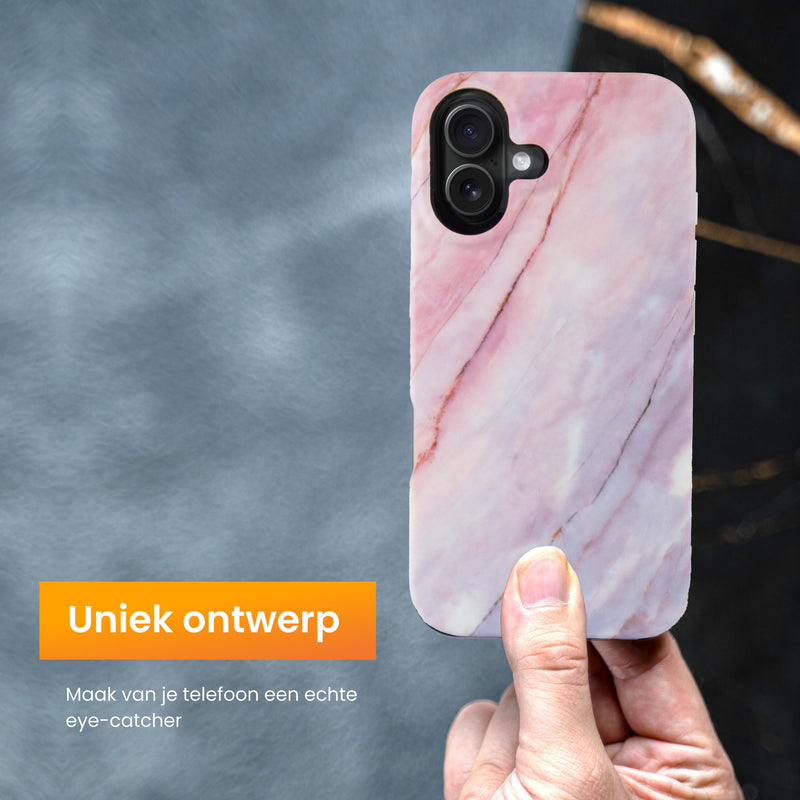 R2B Marmer hoesje voor iPhone 16 - Model De Bilt - Roze/Grijs/Blauw - Telefoonhoesje