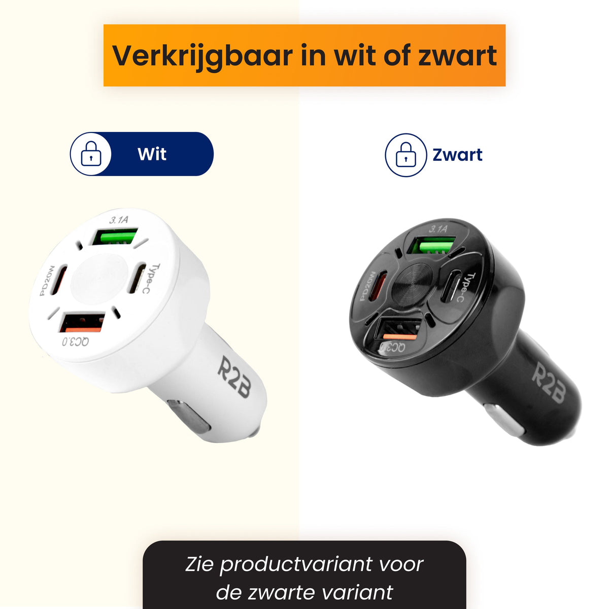 R2B Auto Oplader USB-C & USB-A - 4 Poorten - Snellader voor 12V Aansluiting