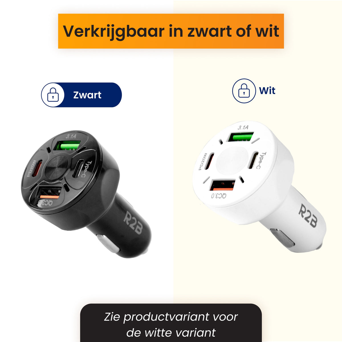 R2B Auto Oplader USB-C & USB-A - 4 Poorten - Snellader voor 12V Aansluiting