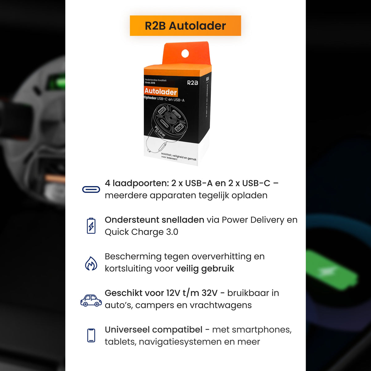 R2B Auto Oplader USB-C & USB-A - 4 Poorten - Snellader voor 12V Aansluiting