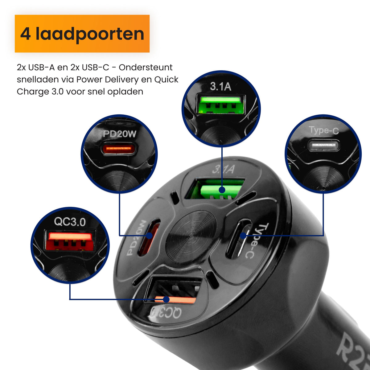 R2B Auto Oplader USB-C & USB-A - 4 Poorten - Snellader voor 12V Aansluiting