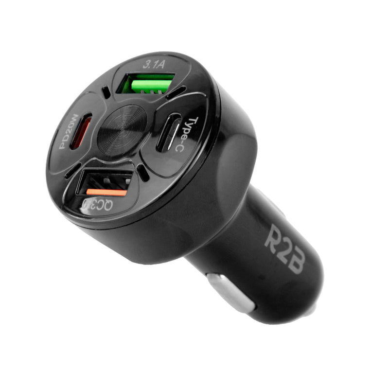 R2B Auto Oplader USB-C & USB-A - 4 Poorten - Veilig & Compact - Snellader voor 12V Aansluiting - Zwart