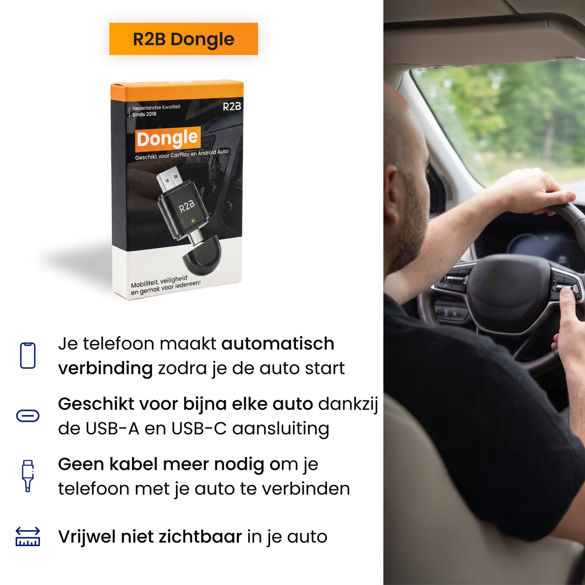 R2B Dongle Geschikt voor CarPlay en Android Auto - Draadloze Adapter