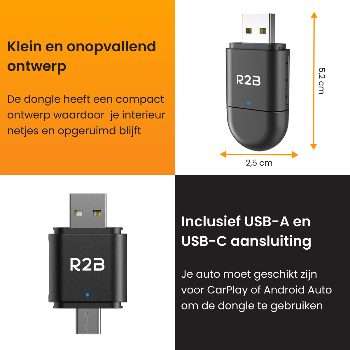 R2B Dongle Geschikt voor CarPlay en Android Auto - Draadloze Adapter