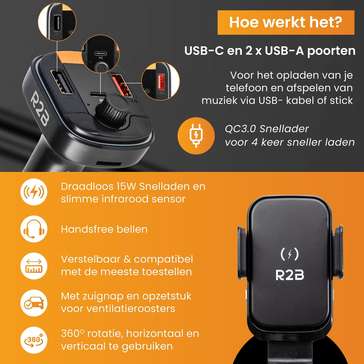 R2B Draadloze Telefoonhouder Auto met Bluetooth FM Transmitter