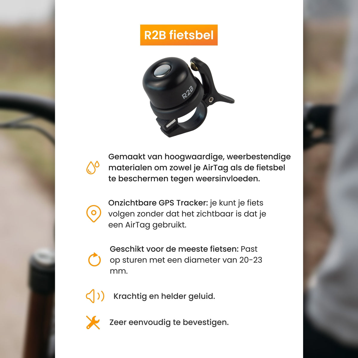 R2B Fietsbel - Geschikt voor Apple AirTag - Krachtig & Helder Geluid - Weerbestendig & Universeel - Zwart - Fietsbel