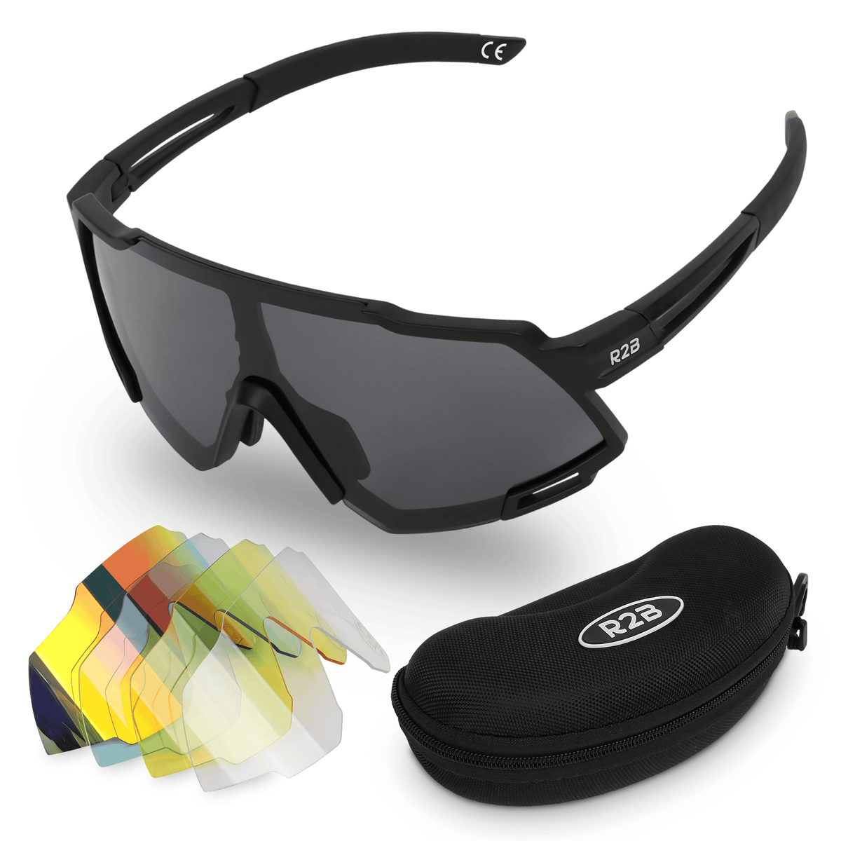 R2B Fietsbril - Inclusief 5 Glazen & Brillenkoker - 100% UV Bescherming - Heren & Dames - Zwart