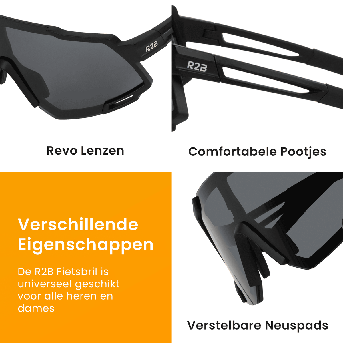 R2B Fietsbril - Inclusief 5 Glazen & Brillenkoker - 100% UV Bescherming - Heren & Dames - Zwart