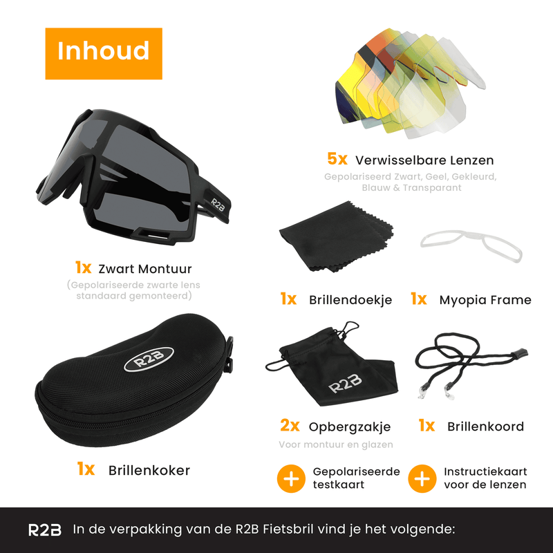 R2B Fietsbril met 5 verwisselbare lenzen voor elk weertype - Unisex & Universeel - Sportbril - Zonnebril voor Heren