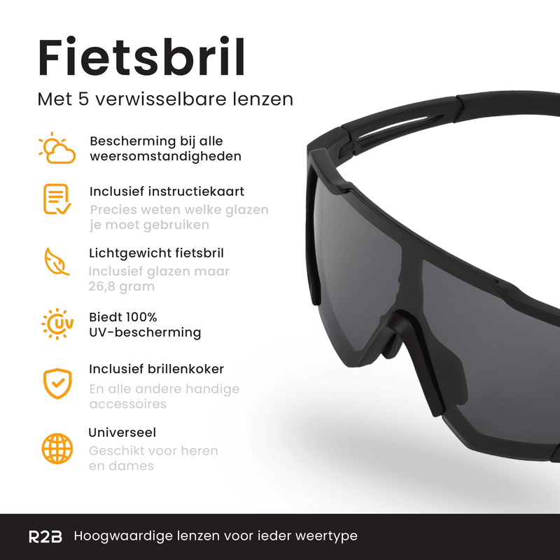 R2B Fietsbril met 5 verwisselbare lenzen voor elk weertype - Unisex & Universeel - Sportbril - Zonnebril voor Heren